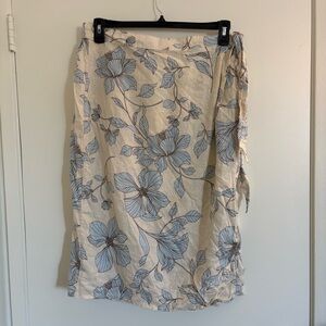 Cynthia Rowley Floral Wrap Tie-Waist Midi Skirt Cream Light Blue 100% Linen